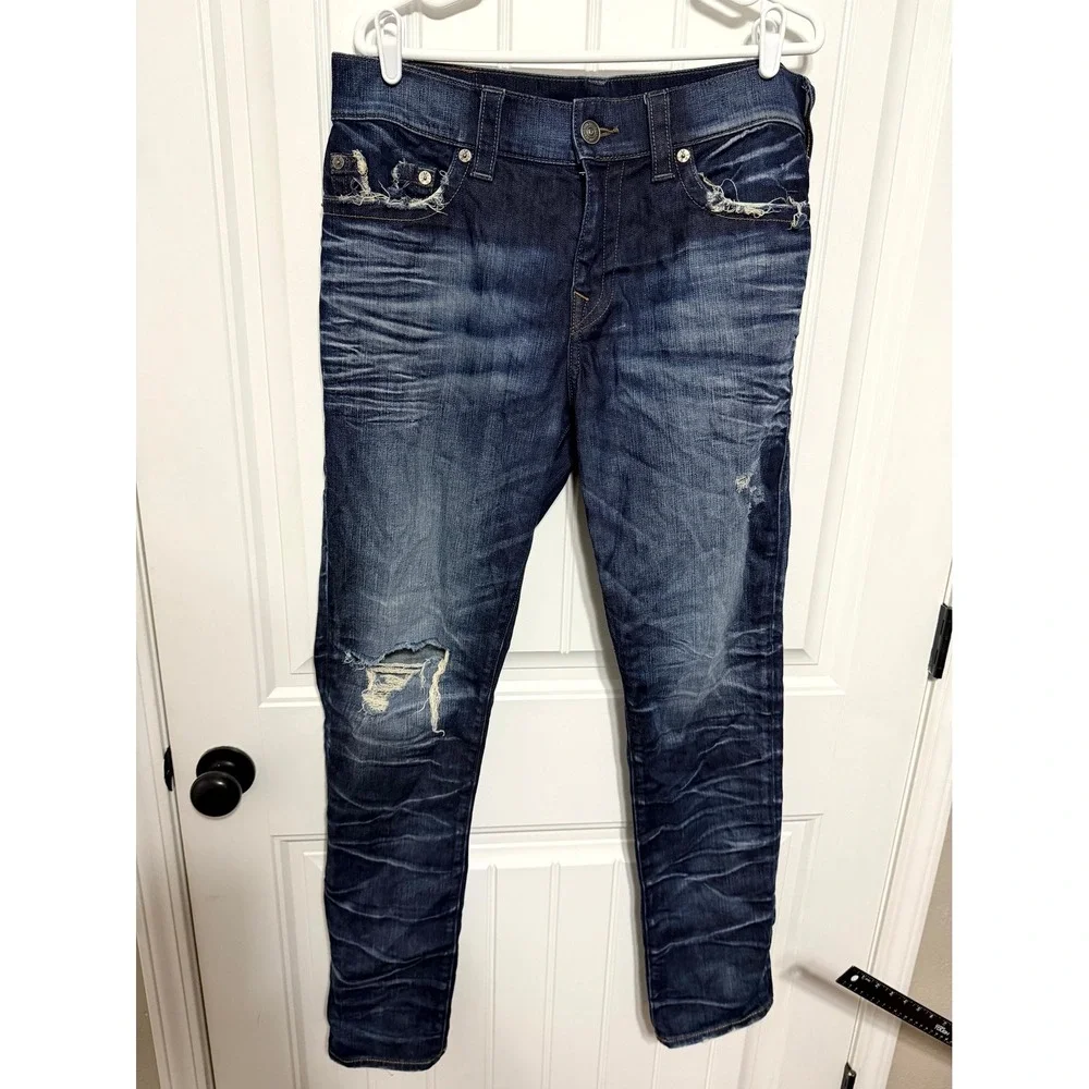 True Religion Jeans Mens 34 Ricky Relaxed Straight Distressed Dark Wash EUC